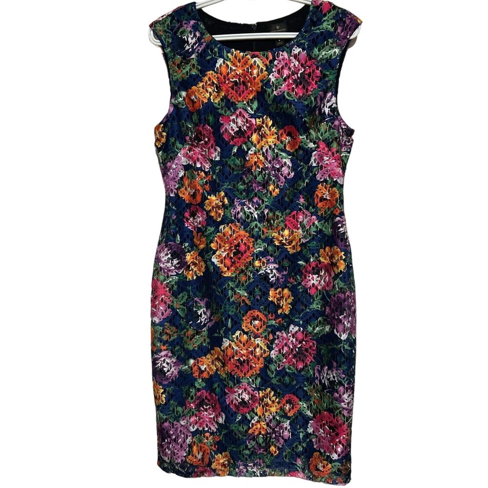 Worthington Women's Blue Pink Orange Floral Lace Shift Sleeveless‎ Dress Size 8
